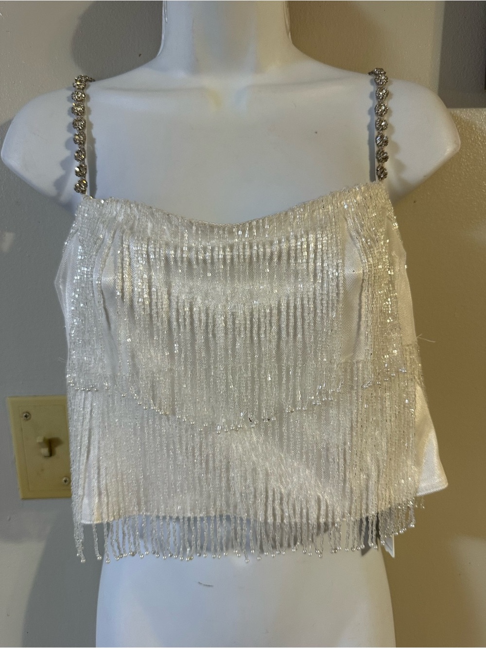 Show Me Your MuMu White Beaded Fringe Camisole with Jeweled Straps